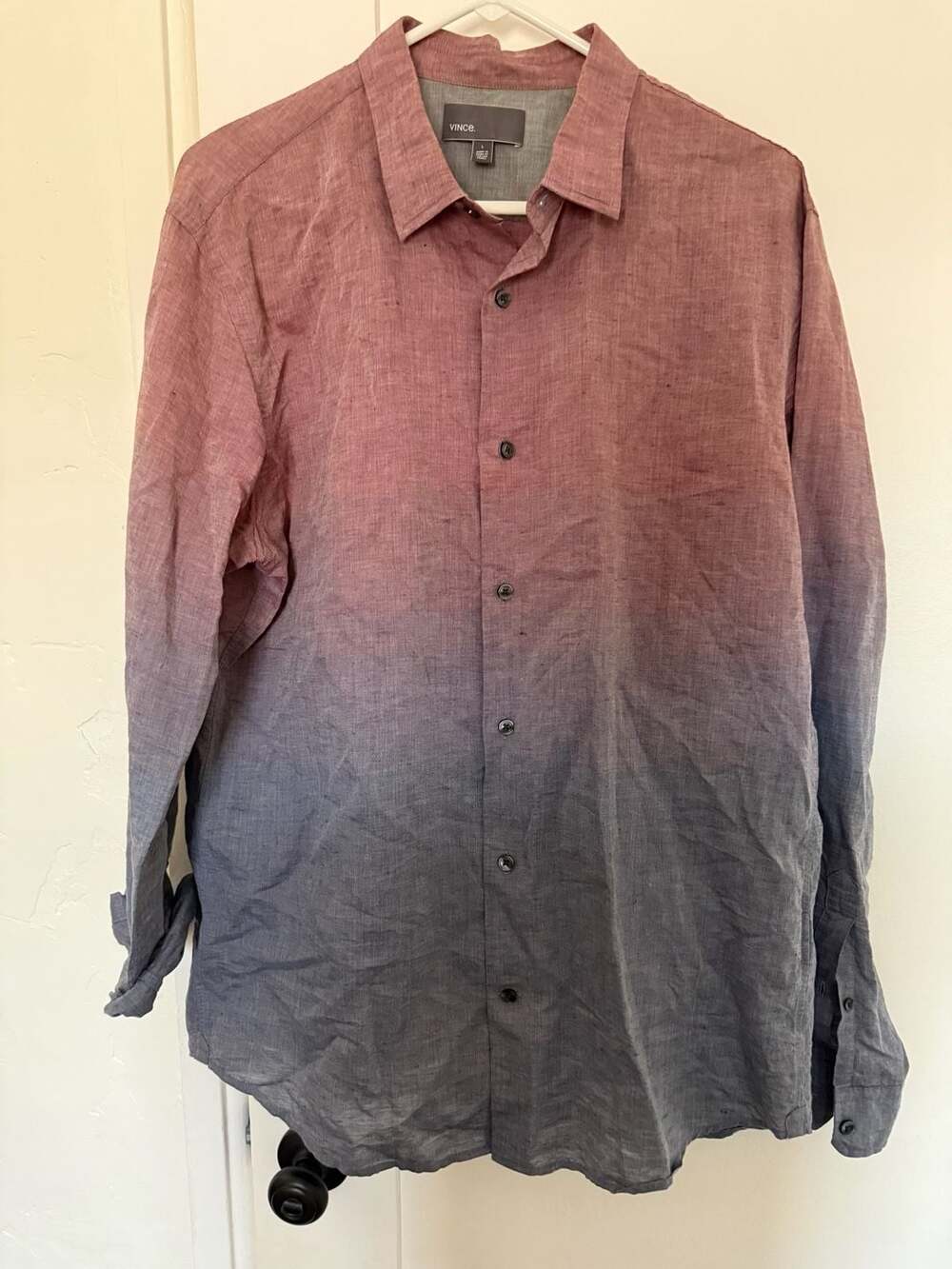 Vince Ombre Long Sleeve Button Down Shirt Size L Red Blue Linen Cotton